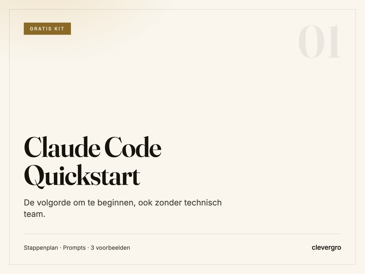 Claude Code Quickstart: Voor als je nog moet beginnen. Je weet dat er iets met AI kan, maar niet wat als eerste. Dit geeft je de volgorde, ook zonder technisch team.