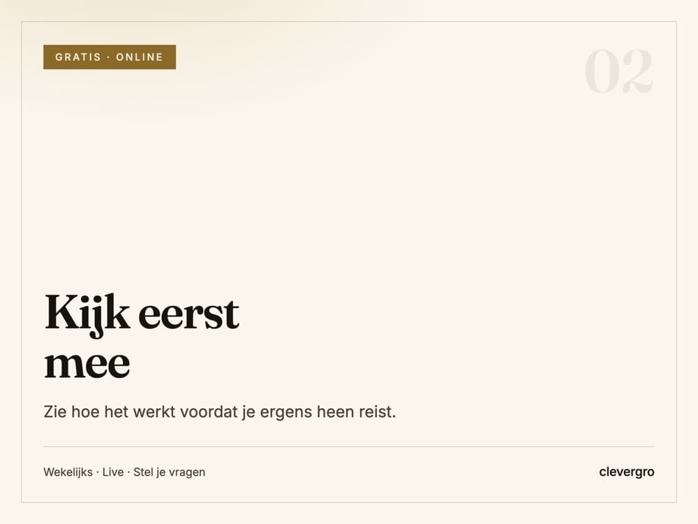 Kijk eerst mee: Niet in de buurt, of eerst zien of dit bij je past? Ik bouw live iets werkends terwijl je meekijkt en vragen stelt.